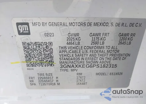 2023 Chevrolet Equinox Fwd Lt z USA, uszkodzony, nr VIN 3GNAXKEG6PS182315